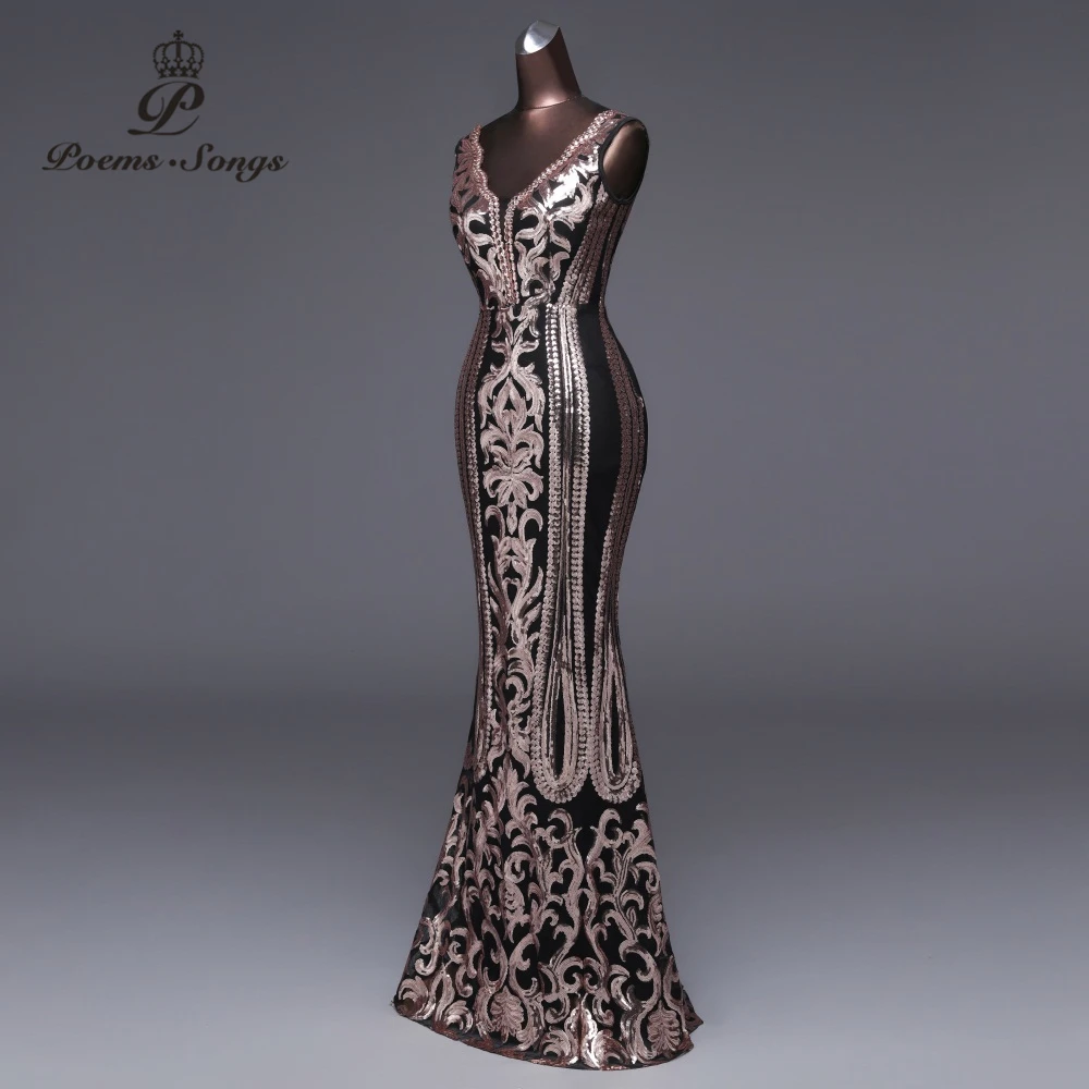 Günstige Gedichte Songs 2019 Neue Doppel V Lange Abendkleid vestido de festa Sexy Backless Luxus Gold Pailletten formale partei kleid prom kleider