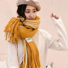 Зимний кашемировый шарф с кисточками, женские полосатые Лоскутные плотные теплые мягкие длинные шарфы, женские вязаные шали, шерстяной шарф