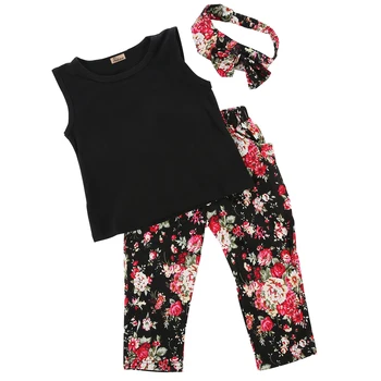 

2-8Y floral kid baby girls clotheing 3pcs set Kids Girls Baby black sleeveless T-shirt flower Pants Headband Outfits