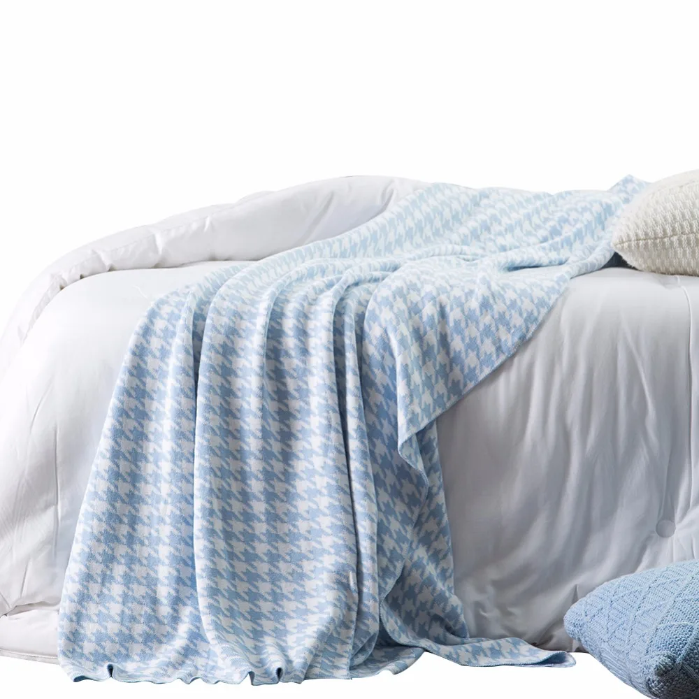 Blue White Small Fresh Rectangular Pattern 100 Cotton 1PC Bed Blanket