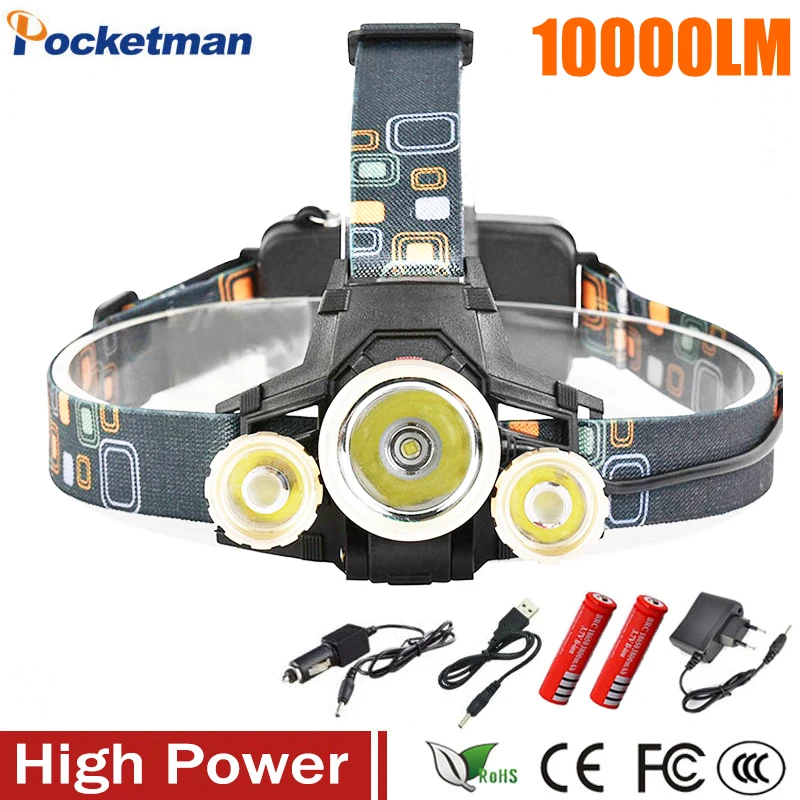 

10000Lm XML T6+2R5 Outdoor Lighting LED Headlight Headlamp Head Lamp Light 4mode torch 2x18650 battery Car usb charger