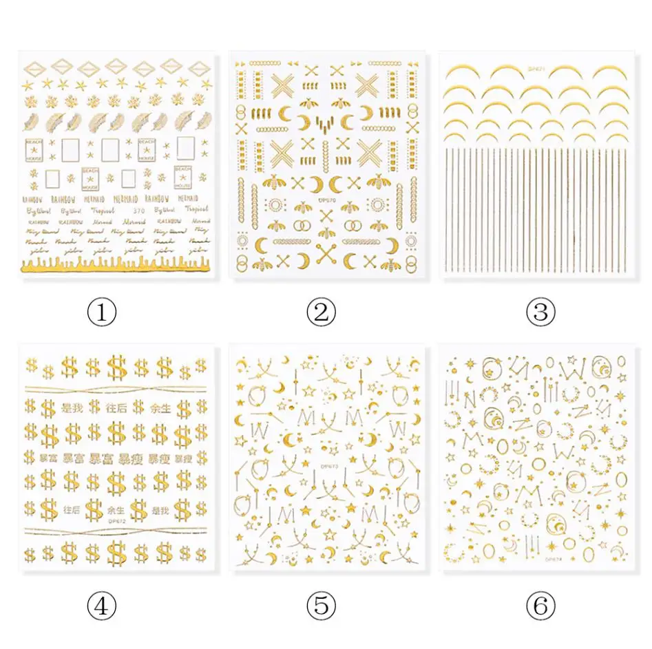 Новая звезда Луна дизайн золотой стикеры 3D на ногти Nail Art Наклейки DIY салон маникюр Клей наклейка слайдеры Дизайн ногтей украшения - Цвет: All 6 Styles