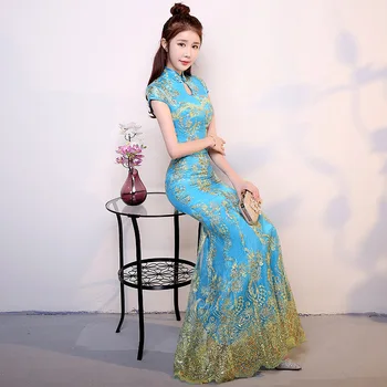 

Lake Blue Wedding Qipao Long Cheongsam Modern Chinese Traditional Dress Sexy Cheongsam Dress Robe Chinoise Vestido Oriental Prom