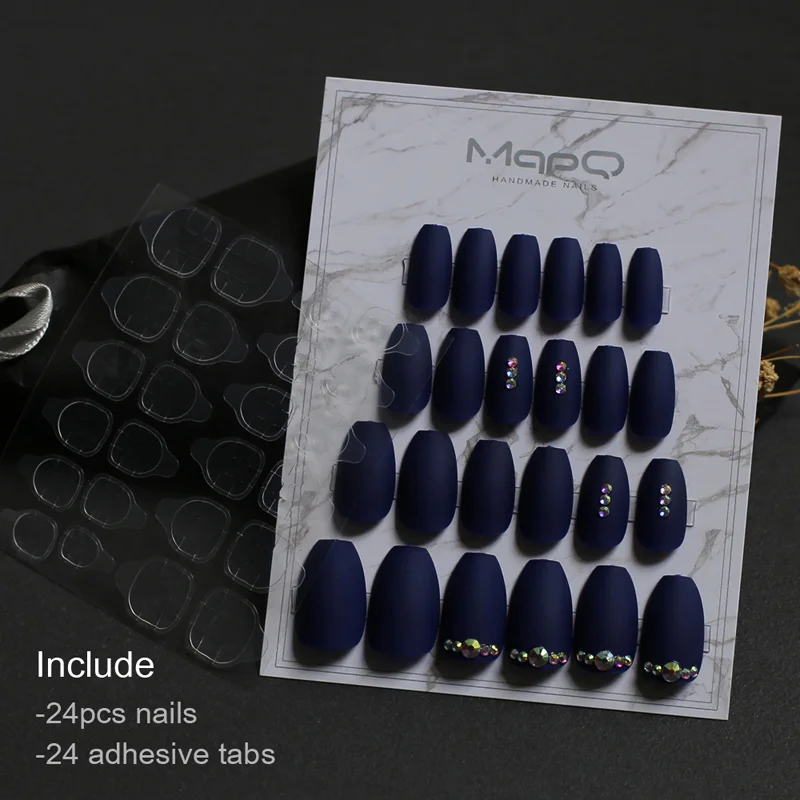 Поддельные ногти гроб ювелирные изделия темно-синий полный набор блестящие AB алмаз накладные ногти балерина MqpQ ручной работы DIY матч ювелирные ногти - Цвет: nails-0.5mmStickers