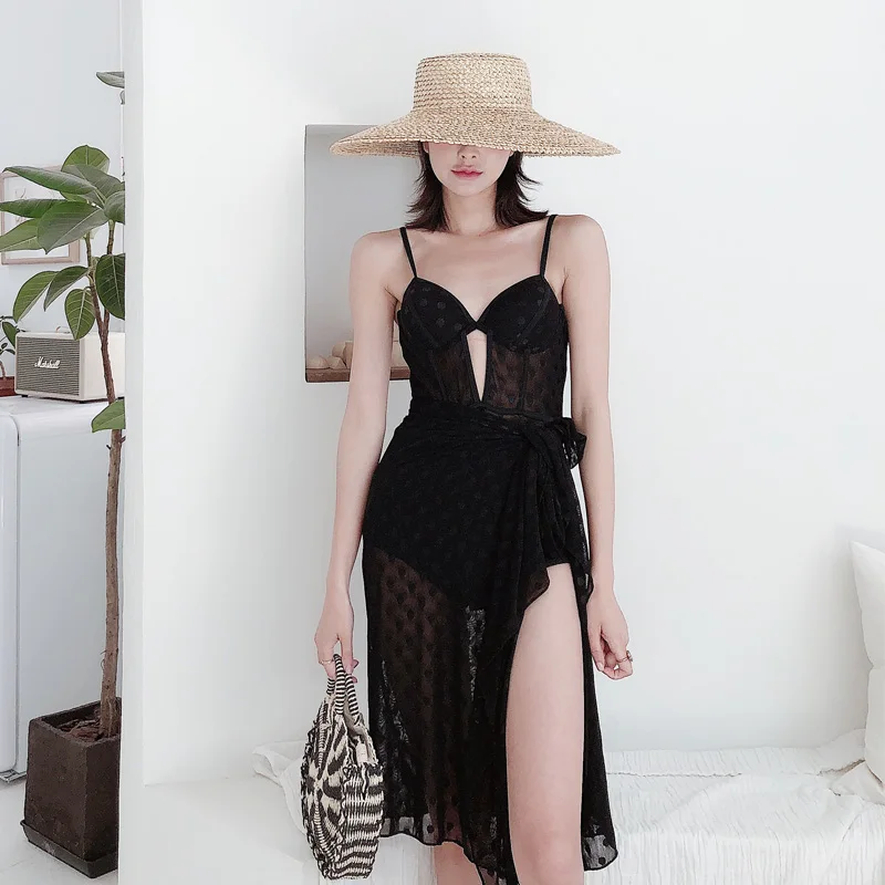 

Sexy Transparent lace cover-ups Swimwear 2019 new High waist Black white Push Up one piece swimsuit halter women bathing suits