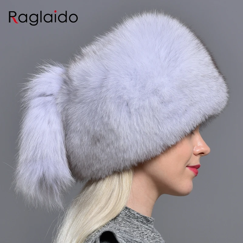 Raglaido Зимняя шапка из натурального меха лисы меха с 2 хвостами из натурального пушистого меха элегантные женские модные