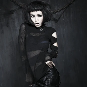 

New Punk Gothic Style High Collar Black Long Sleeve Plain T-Shirts Steampunk Women Sexy Spider Web Pattern Stretch Tee Tops