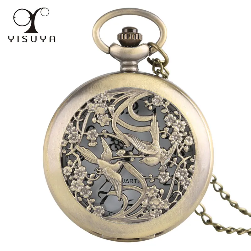 

New Vintage Lover Bird Pattern Pocket Watch with Necklace Chain Quartz Movement Analog Fob Watch for Men Gift Bag Free Shipping