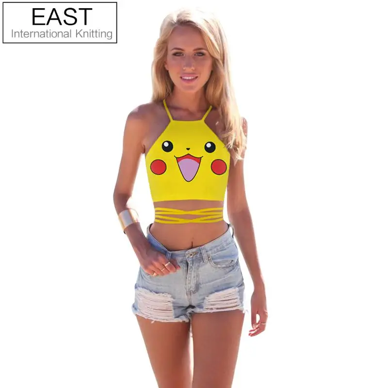 

EAST KNITTING EAZ010 Women Lovely Pokemon Pikachu Printed Slim Camis Back Cross Bandage Tank Top Sexy Short Crops For Summer