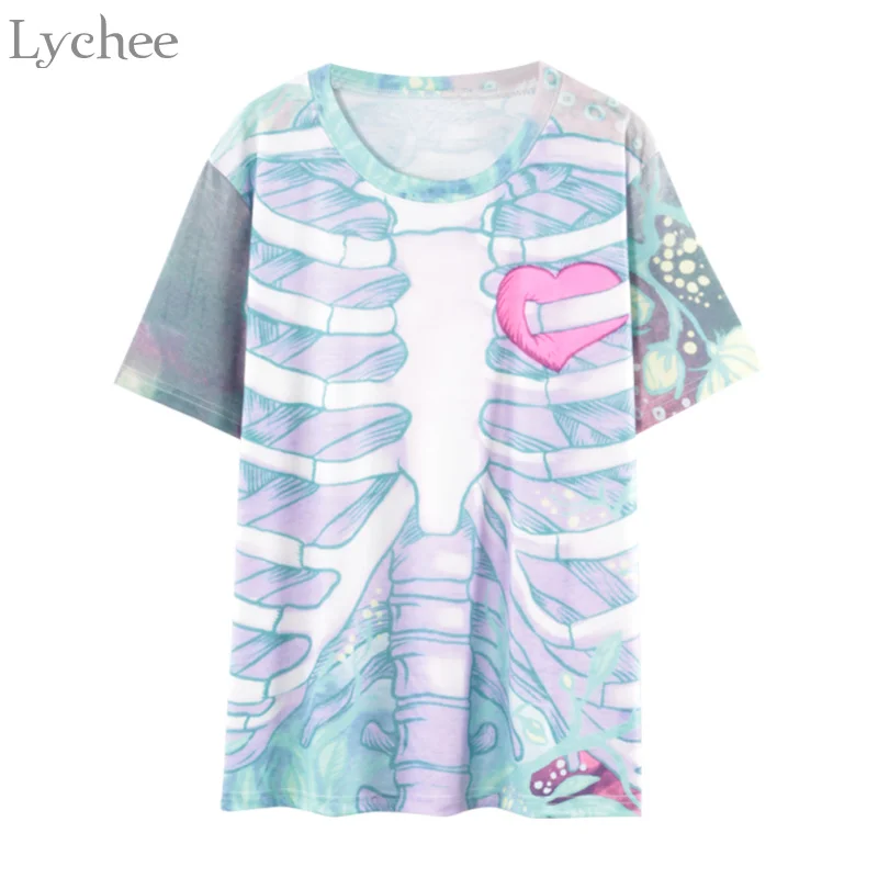 Najtaniej Lychee Gothic Punk kobiety T Shirt czaszka kości nadruk w kształcie serca Casual luźny t shirt z krótkim rękawem Tee Top kobieta