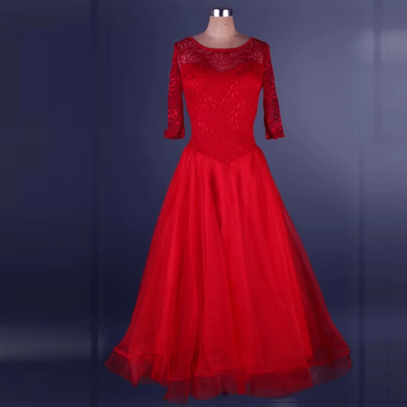 Бальные вальсы для женщин, стандартные танцевальные платья для соревнований, стандартные вальсы для фламенко, танго, фиолетовые, Красные кружевные платья для девочек и детей - Цвет: Красный