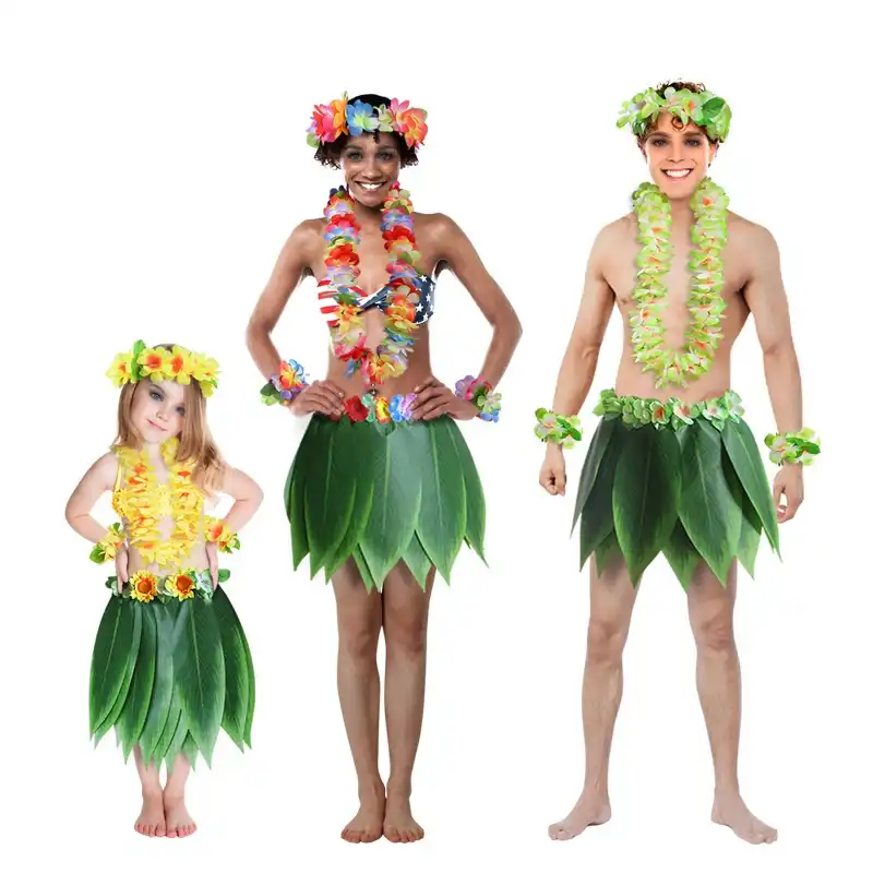 5 PCS Set Flower Adult Costume Hawaiian Lei Grass Skirt Garland Straw Hula Set