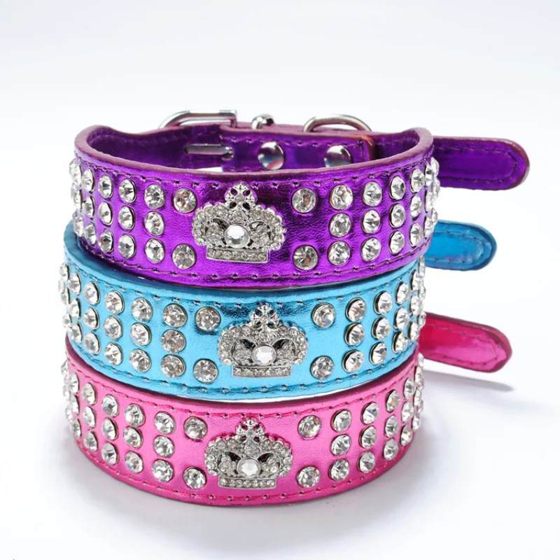 

Glossy PU Pet Dog Collar Three Rows Rhinestones -studded Dog Chain Beautifully Decorated Pet Dog Necklace
