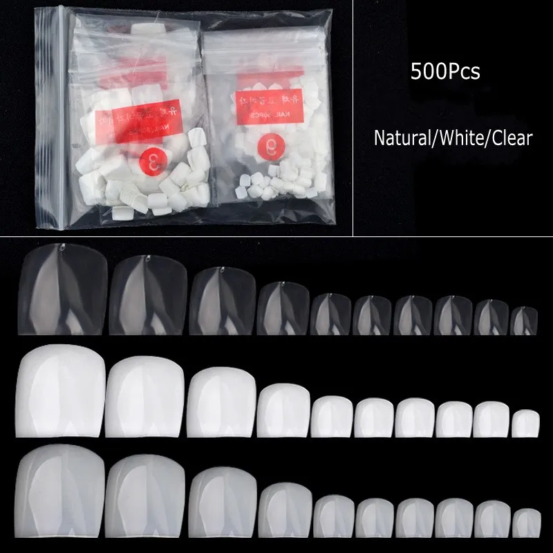 

500pcs Toe Nails Full Cover False Square Nail Tips Manicure Acrylic gel DIY Clear White Natural Fake Nails Tips (0-9) 10 Sizes