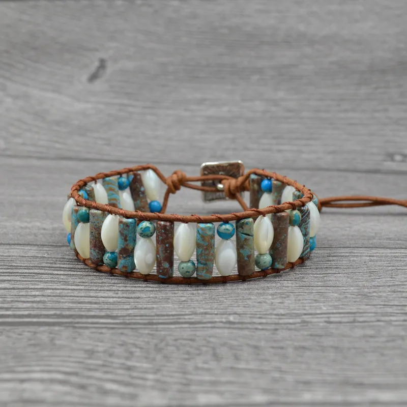 Vintage Natural stone Wrap Bracelet Women Fashion Tube Shape For Single Layer Shell Leather Beaded | Украшения и аксессуары