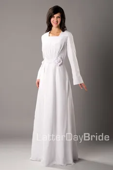 

Simple Ivory A-line Floor Length Modest Full Long Sleeves Flowers Chiffon Temple Wedding Dress With Sleeves