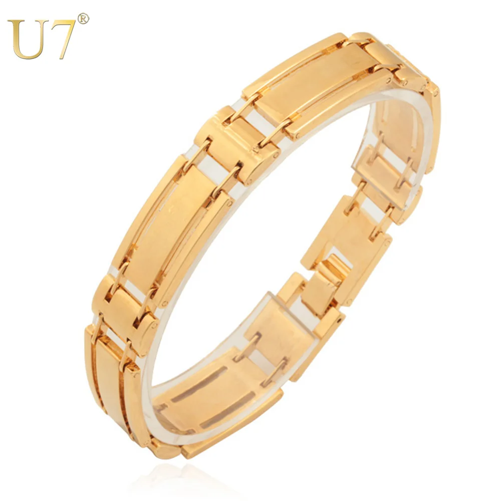 U7 Позолоченные Звено Цепи Браслет Ювелирные Изделия Модный Широкие Браслеты Для Мужчин H442
