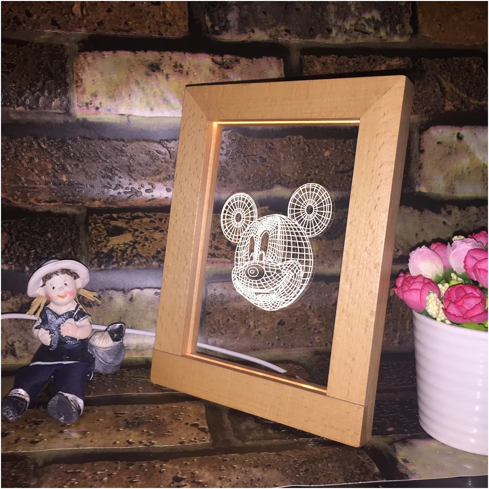 

Newest Novelty 3D Illusion Photo Frame LED Night Light Wood Desk Table Decoration with USB Cable Acrylic Flat Kid Christmas Gift