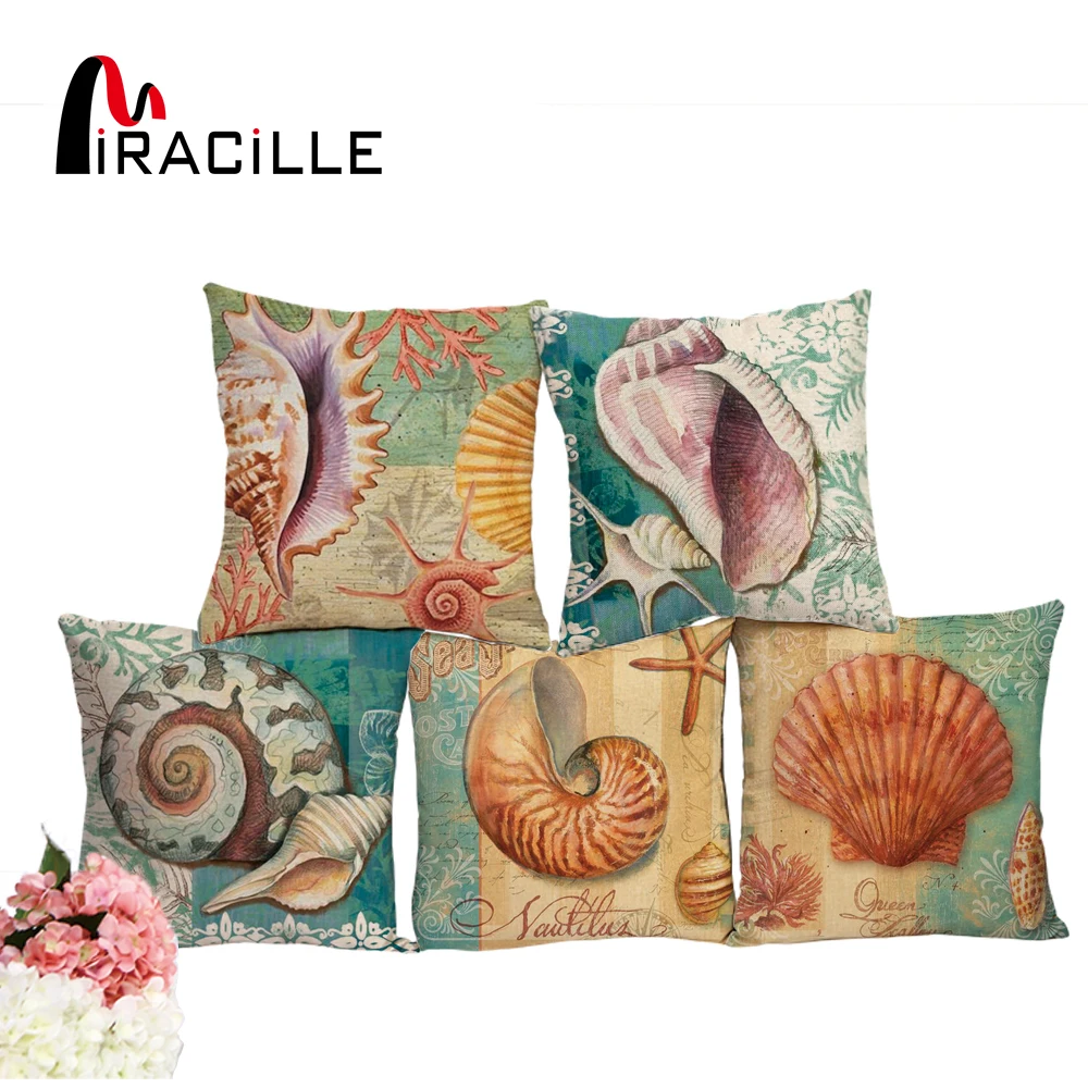 

Miracille 45cm Linen Blend Marine Sea Shell Pattern Throw Cushion Cover for Couch Capa De Almofada Bedding Ocean Decoration