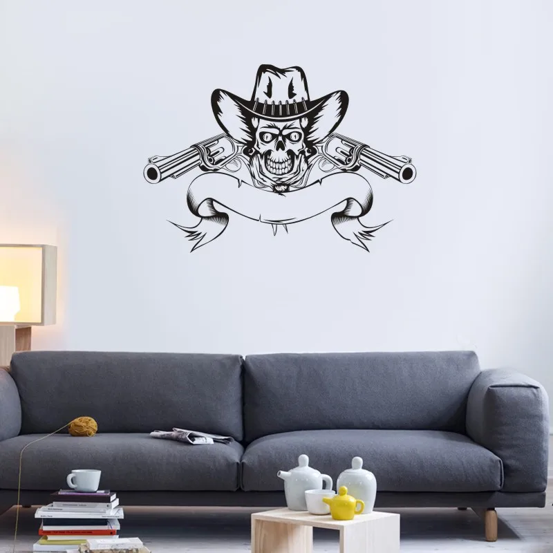 DCTAL Cowboy Skull Halloween Revolver Sticker Punk Death Decal Devil Name Car Art Wall Decals Parede Decor Mural
