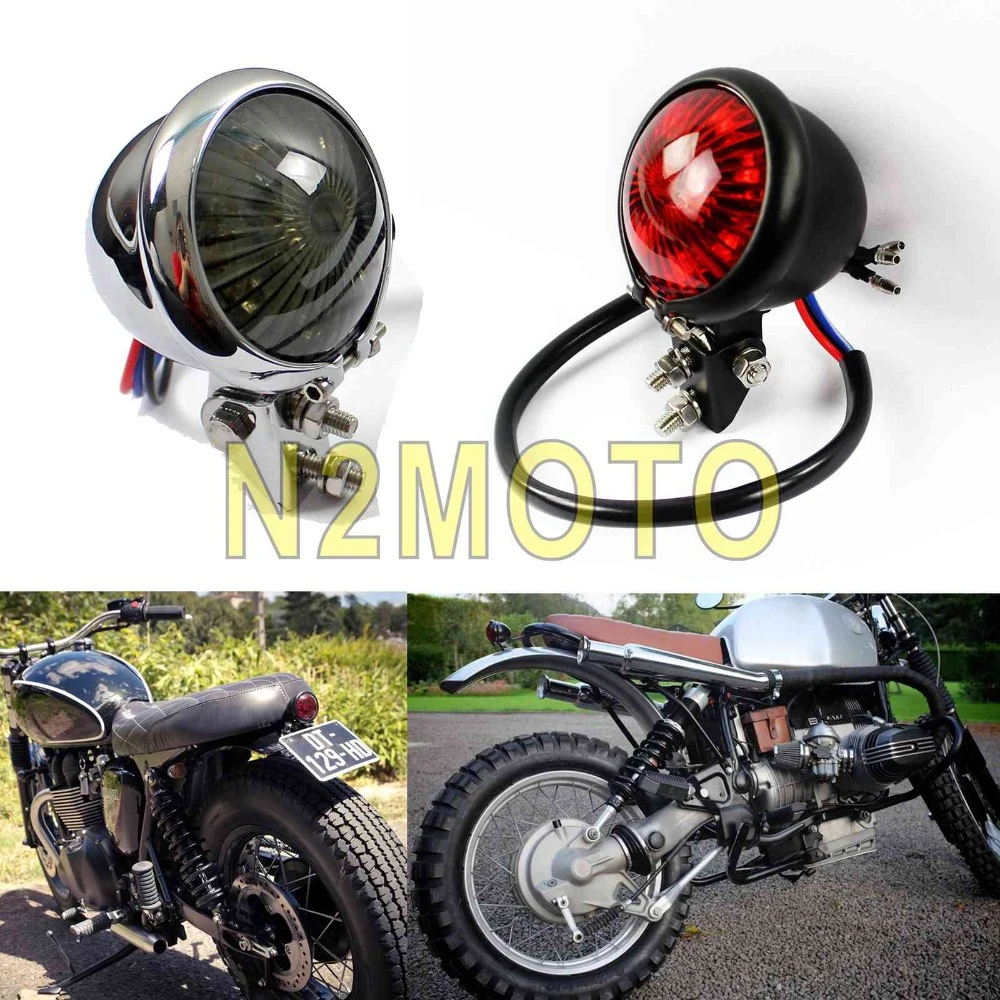 Motorcycle Chrome Red Bates Style LED Brake Rear Tail Light Lamp Bobber Tracker