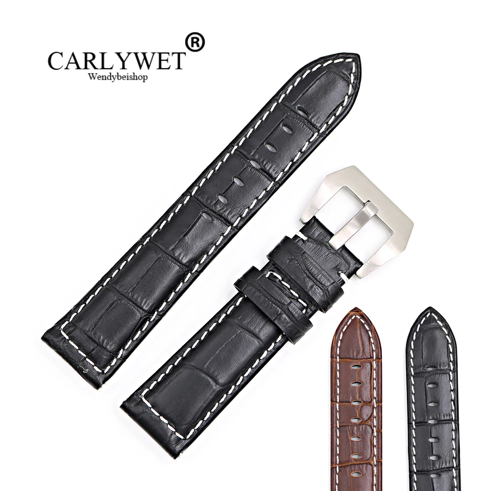 

CARLYWET 22mm Wholesale New Genuine Leather Black Brown Crocodile Grain Strap Wrist Watch Band Belt Pin Buckle free shipping