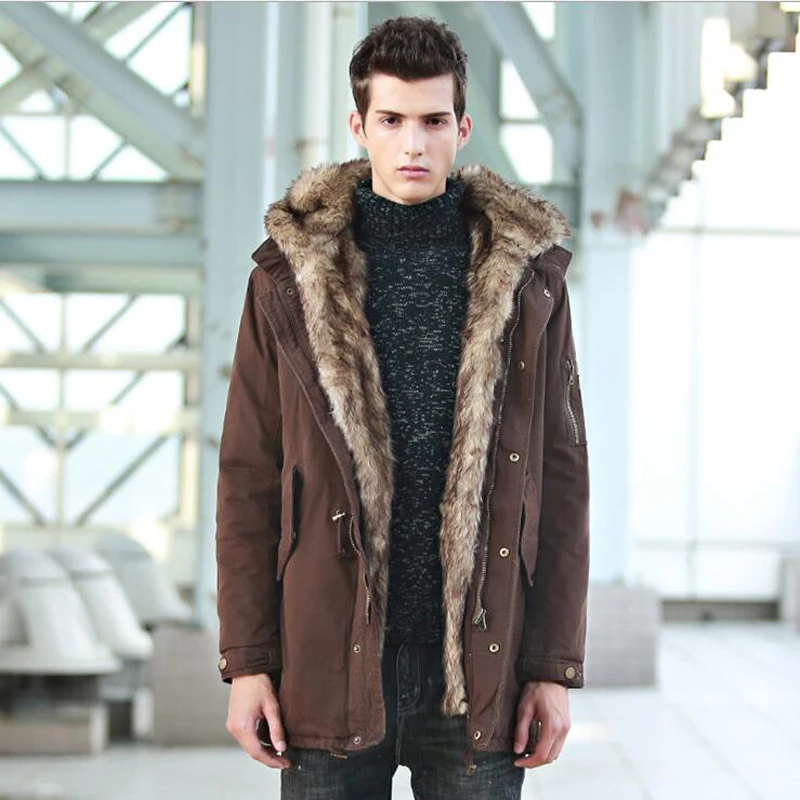 2019 New Parka Men Long Fur Coat Olive Green Jacket Men`s