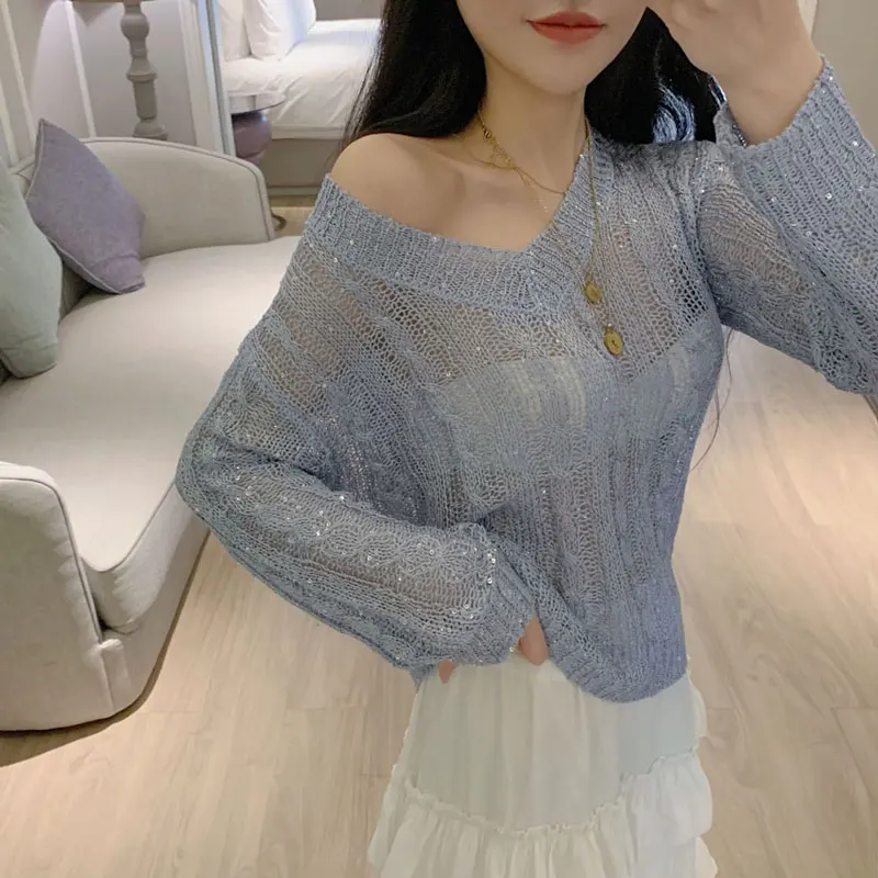 

Summer hollow lazy ladies loose knit sweater spring thin section sequin ice silk twist air conditioner top 2019 women's clothing