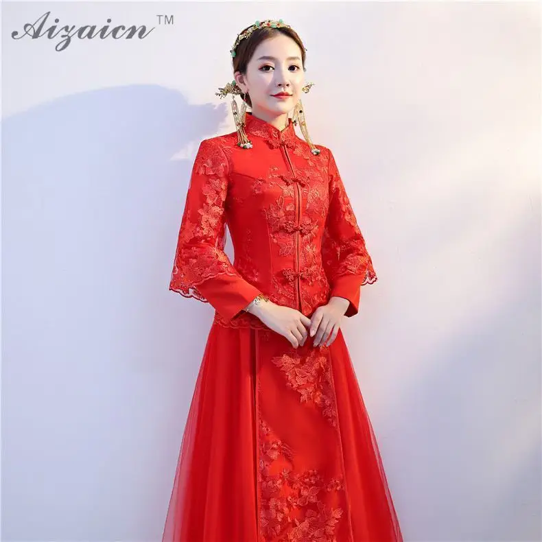 Красный кружево Китайский традиционный свадебный платье Qipao длинные RobeEvening платья плюс вышивка Cheongsam Vestidos Chines