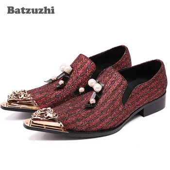 

Batzuzhi Designer's Shoes Man Pointed Golden Iron Toe Leather Shoes Man with Tassel Wine Red Rhinstones Party/Wedding Shoes