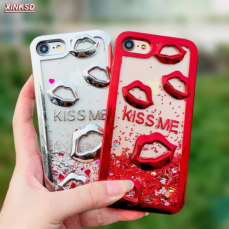 

For iphone 6 6S X 7 8 plus Electroplate lips Dynamic Liquid Quicksand Phone Case For iphone 7 plus Case for iphone 8 Back Cases