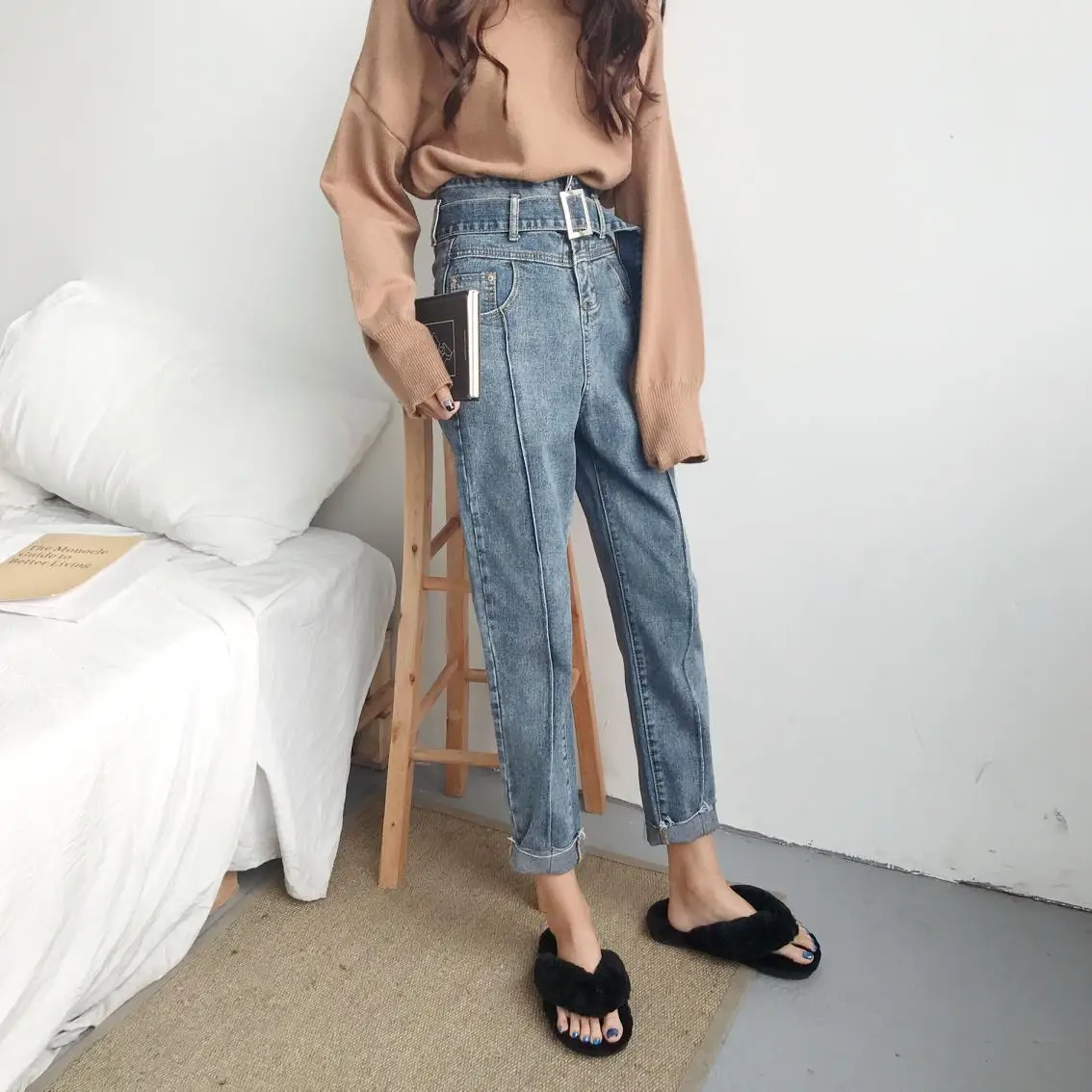 SWYIVY Women Jeans Pants Ankle Length 2018 Autumn BF Female Casual Denim Harem Trousers With Belt Cotton Comfortable Jeans Pants