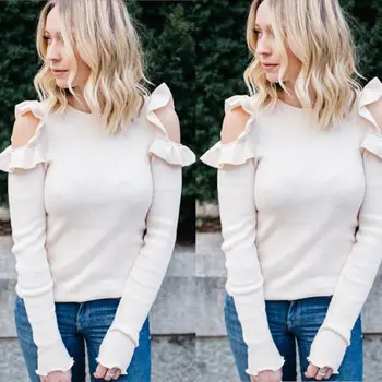

Ruffles Cut Out Women Sweaters Ladies Sweet Long Sleeve Sweaters Casual Tops Lady Slim Sweaters