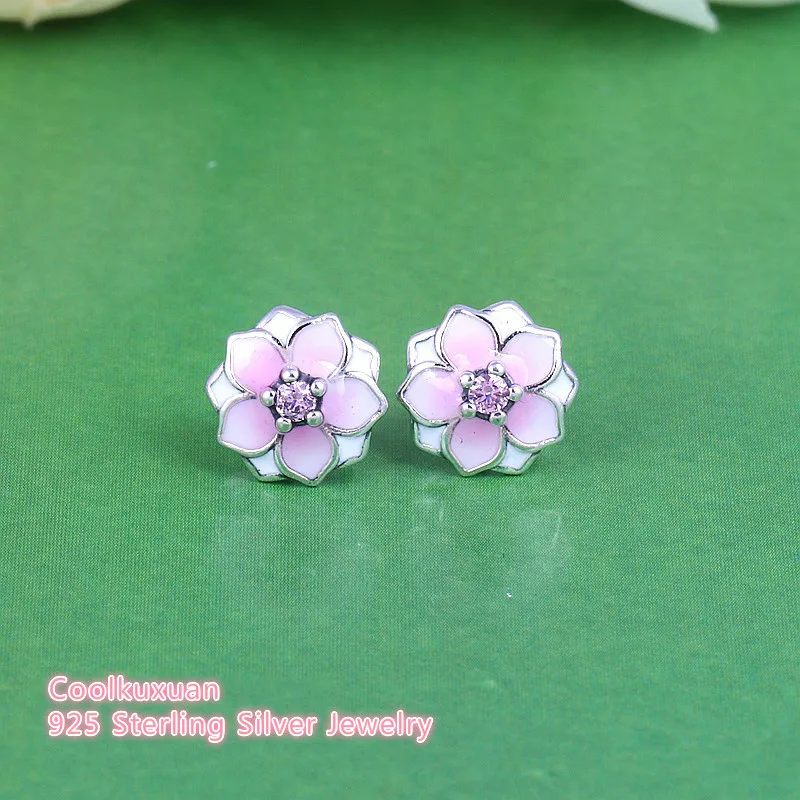 

2018 Spring Magnolia Bloom Floral Stud Earrings Original 100% 925-Sterling-Silver Pale Cerise Enamel & Pink CZ Flowers Earring