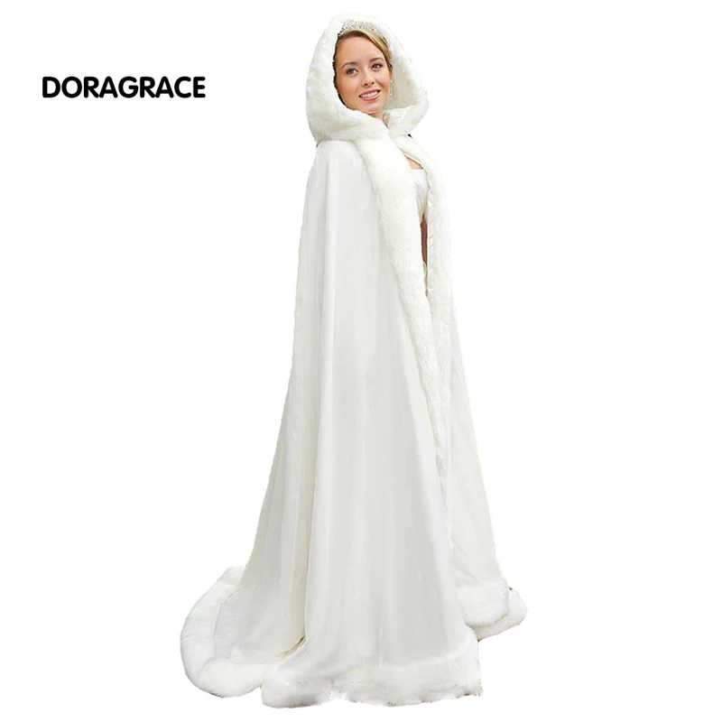 

Gorgeous Warm Winter Long Wedding Wraps Shawl Hodded Faux Fur Stole Bridal Wedding Cape with Hat DGJ001