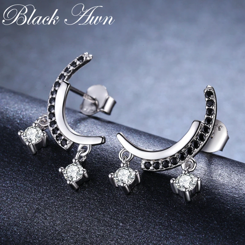 [BLACK AWN] Trendy Silver Color Jewelry Black Spinel Moon Wedding Stud Earrings for Women Female Bijoux I011