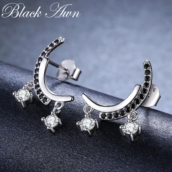 

[BLACK AWN] 925 Sterling Silver Jewelry Trendy Moon Star Stud Earrings for Women Girl's Party Gift I011