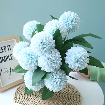 

Artificial Chrysanthemum Ball 10 Flower Heads with Leaves Silk Fake Flower Length 45cm Wedding Party Decoration Bouquet AQ219