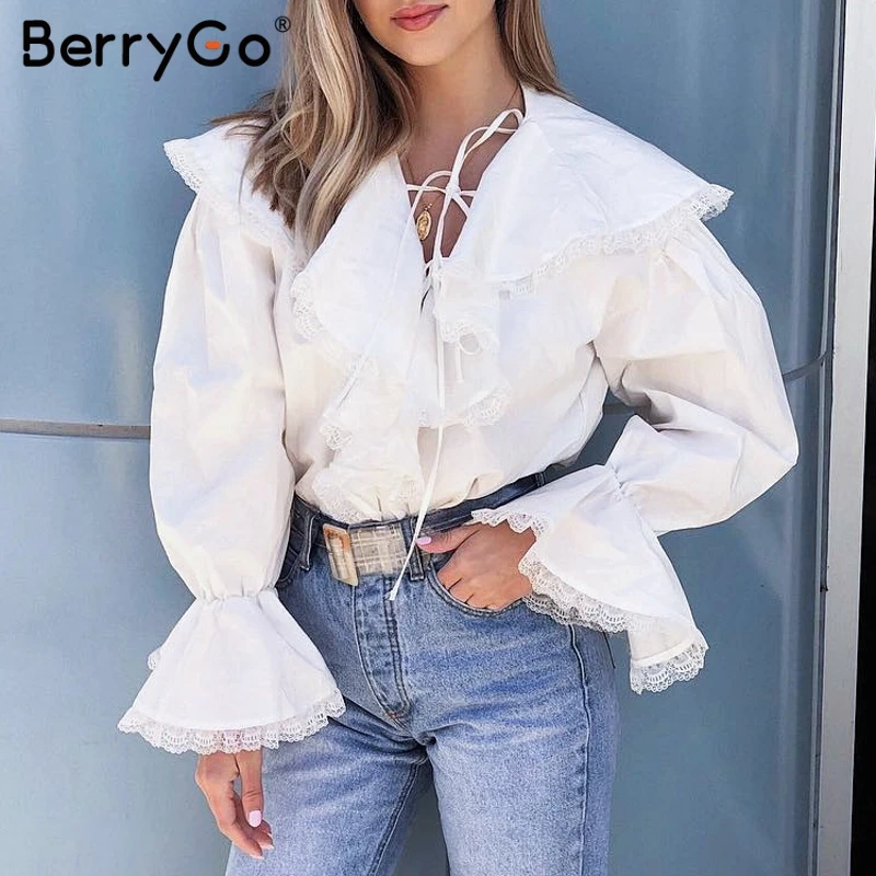 BerryGo Elegant v neck cotton women blouse shirt Long sleeve ruffled lace up ladieds top shirt