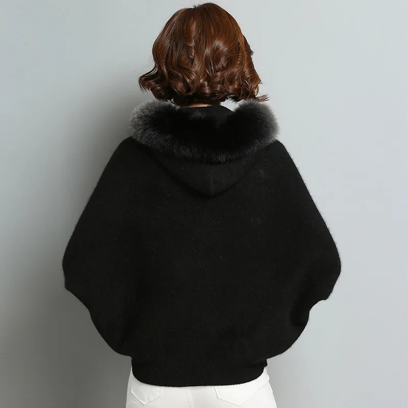 Повседневный женский кардиган с рукавом летучая мышь и капюшоном, кашемировый шерстяной свитер, куртка с меховым капюшоном, Свободные теплые толстые женские пальто