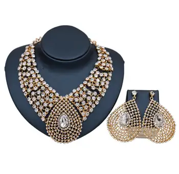 

Women Gold Color Jewelry Statement Necklace Earrings set with Crystal Full Rhinestones Luxury Bride Wedding Jewelry Sets