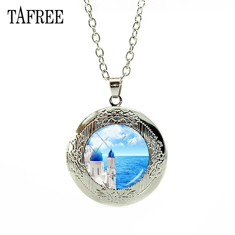 

TAFREE 2018 New Santorini Island In Greece Blue Picture Locket Necklace Fashion Glass Decoration Chain Jewelry FA409