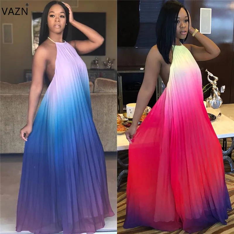 

VAZN 2018 hot summer gradient ramp halter long dress women sexy sleeveless backless full dress ladies hollow out dress LD8052