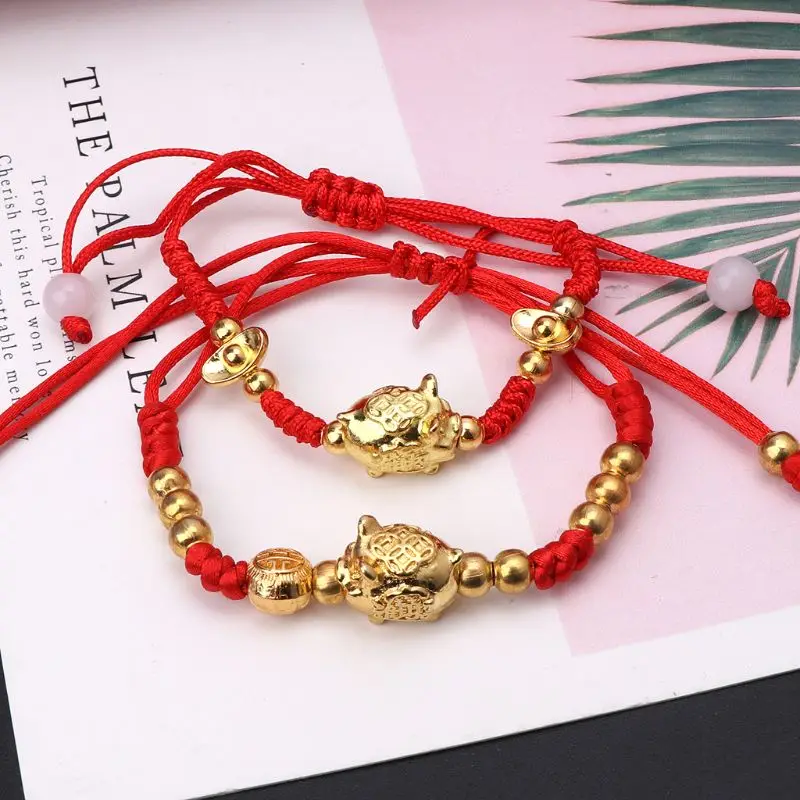 

Chinese Feng Shui Golden Pig Lucky Kabbalah Red String Braided Bracelets Jewelry