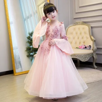 

Luxury Pink Tulle Flower Girl Dress Kids Wedding Dress Long Sleeve Appliques Kids Party Prom Dress First Communion Dresses