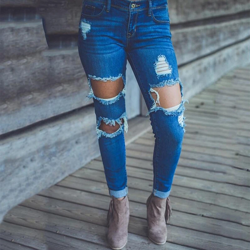 

2016 Fashion hot Hole Jeans Full length Button Fly Skinny sexy girl ripped jeans for women American apparel
