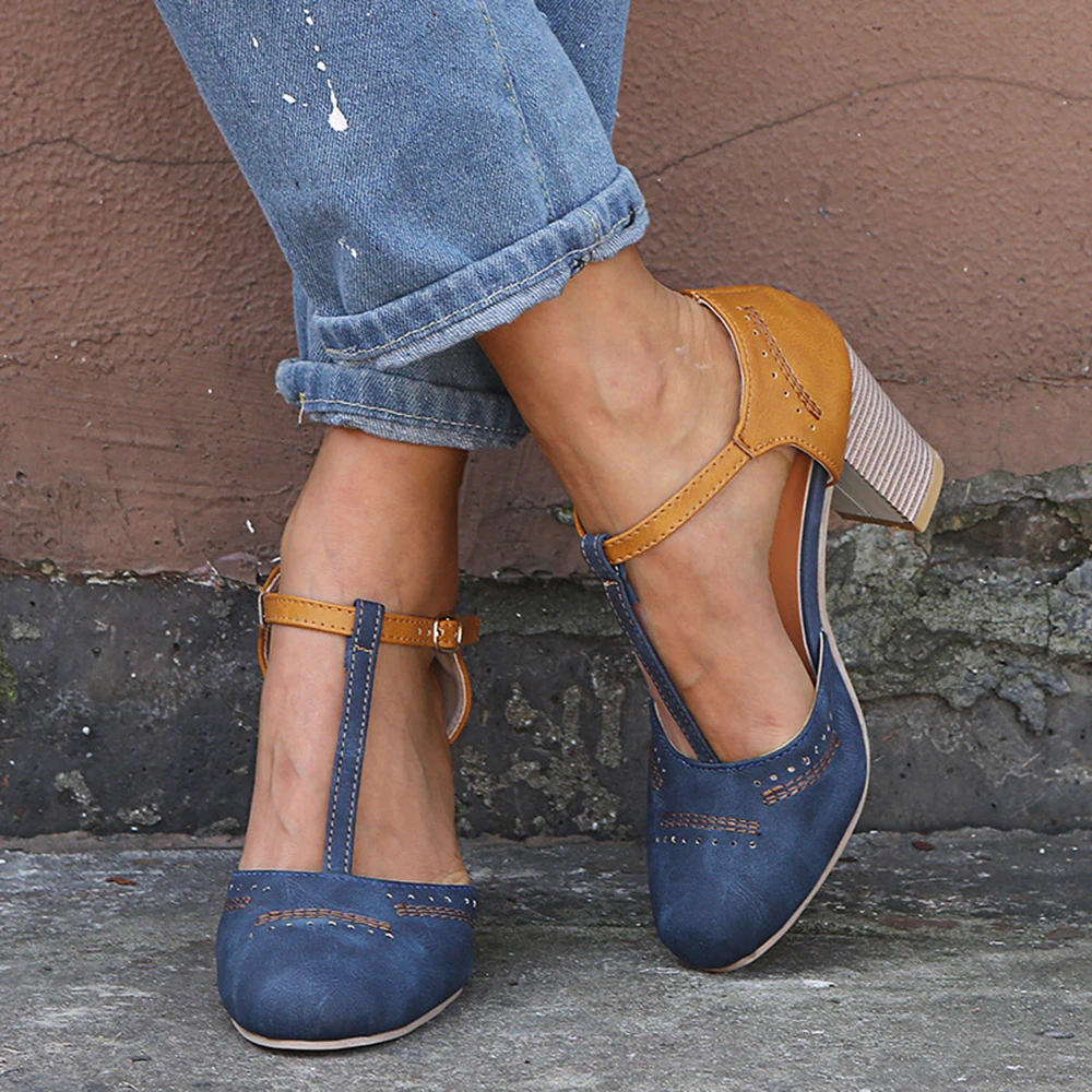

Promotion Women Summer Fashion Pumps High Heels Shoes Casual Ladies Platform Round Toe T-tied Square Heel Wedding Dress Shoes