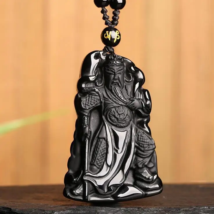 

China 100% Natural Obsidian stone Guan Gong Guan Yu Pendant Necklace Amulet