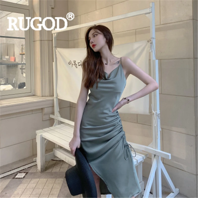 

RUGOD Women solid dress satin v neck spaghetti strap lace up pleated slim asymmetrical split dress elegant vestidos de festa