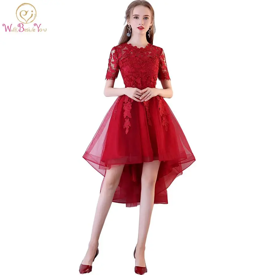 

Walk Beside You Burgundy Prom Dresses Lace Short Front Long Back Evening Gowns Pregnant Short Sleeves Birth Graduation vestido